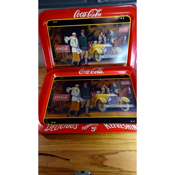 2 Vintage Coke 1987 Coca Cola Touring Car Advertising Lithograph TV Tray w Legs - Picture 12 of 12